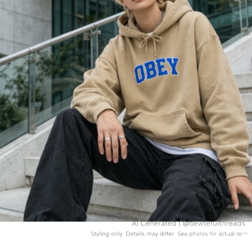 Y2K Skater Streetwear OBEY Logo Hoodie Tan Blue Unisex Pullover